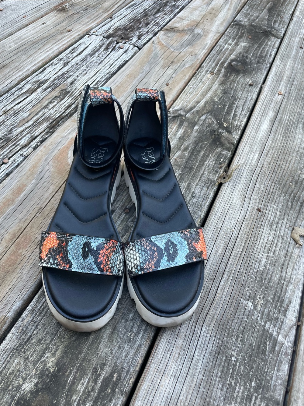 Sandals with Orange & Teal Snake Print Strap